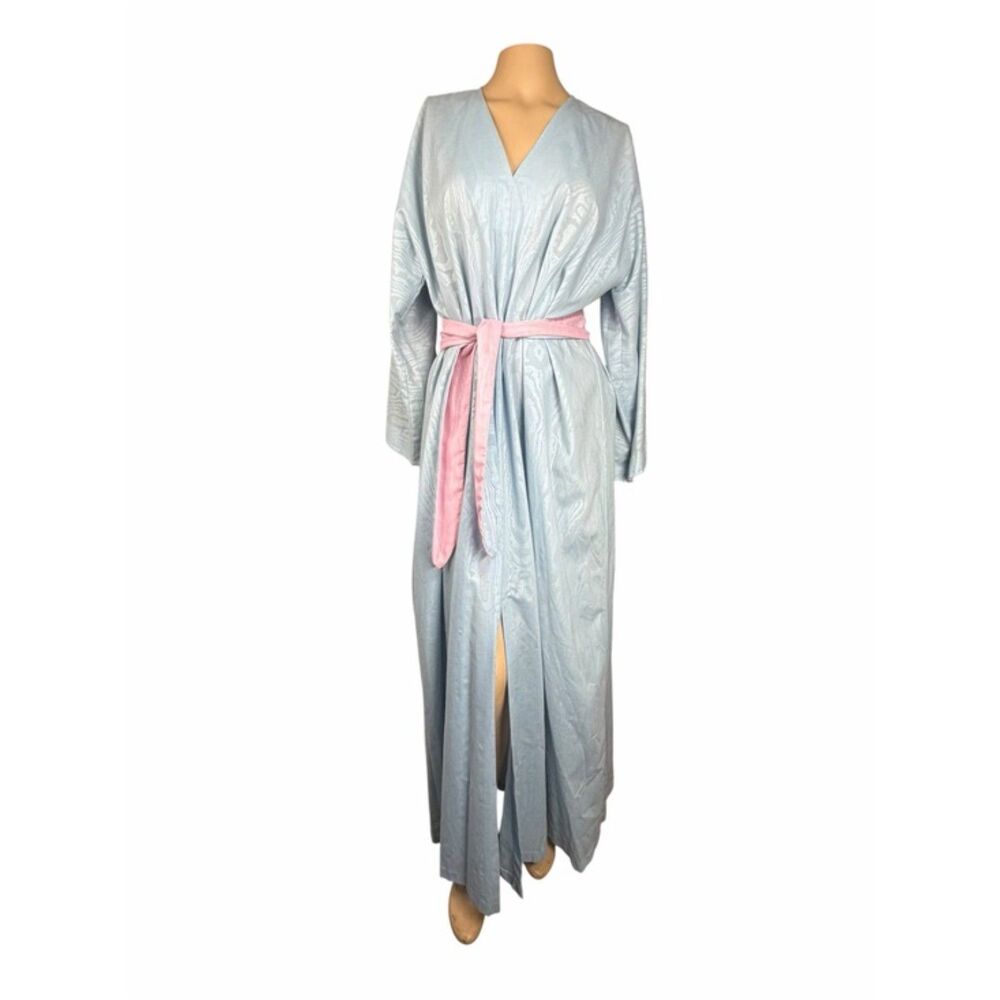 Vintage Barbizon Lounge Wear Blue Kaftan Robe with Pink Belt